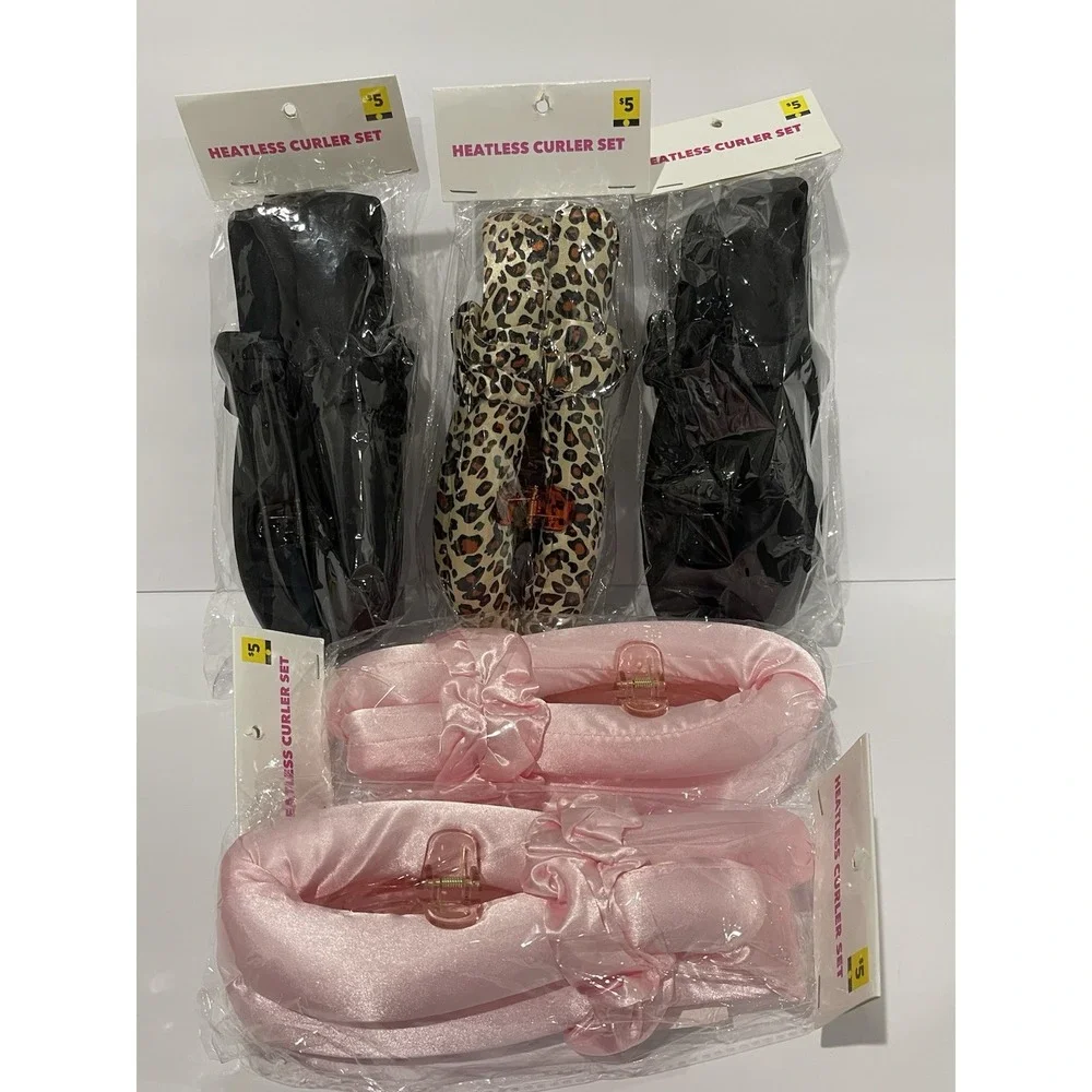 Heatless Curler Set Leopard‎  Pink & Black Print Satin 5 Sets Of 2 (10 Pieces)